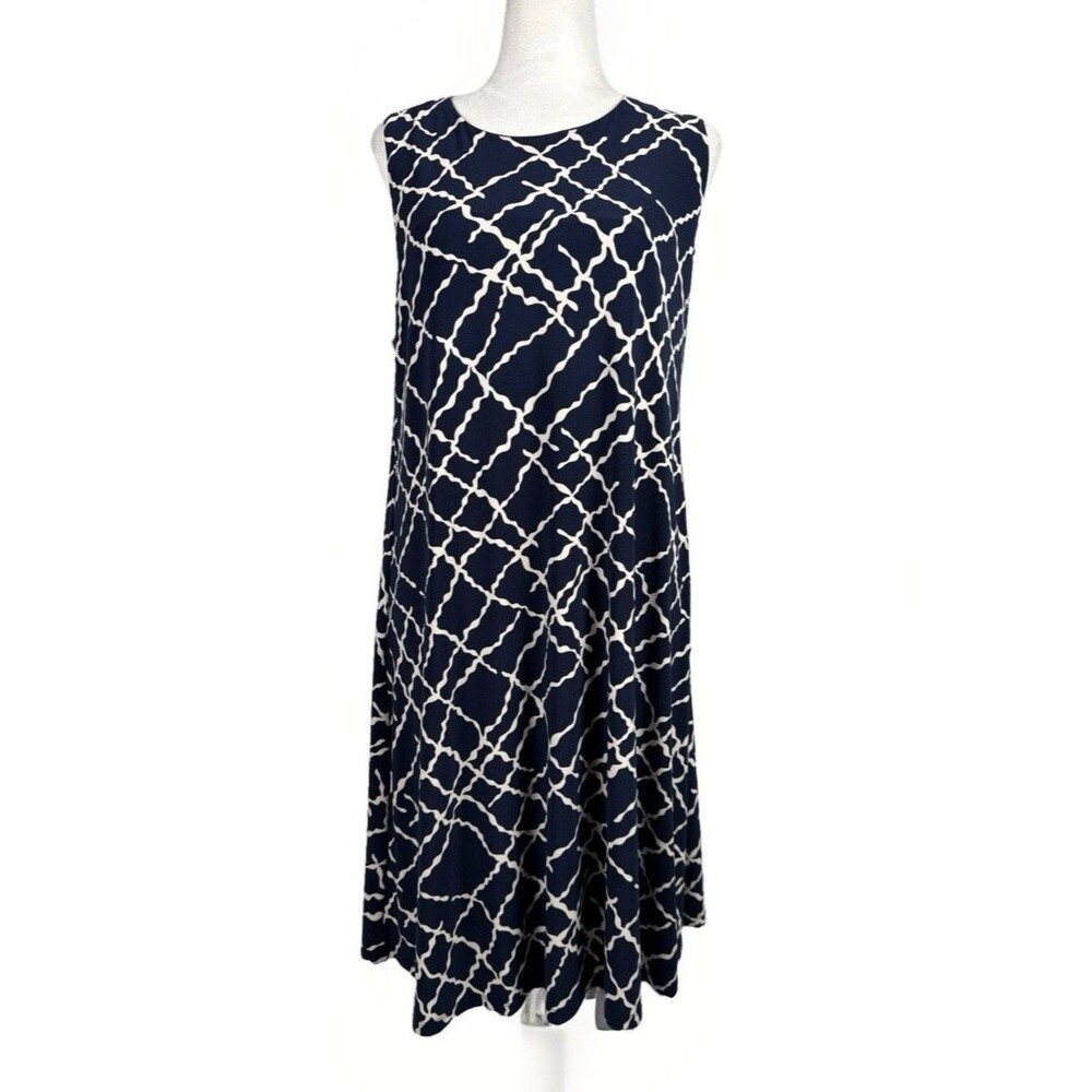 Anne Klein Woman’s Sleeveless Stretchy Shift Dress Lined Large Navy Blue & White